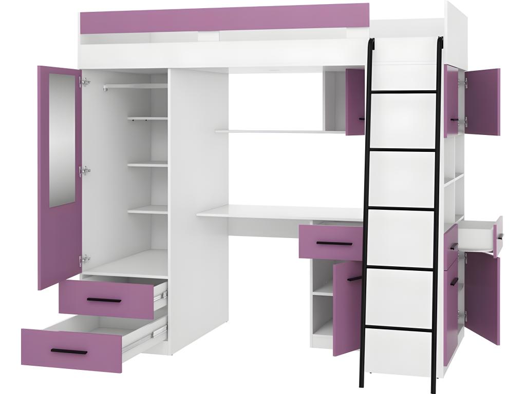 Zensova P 90x200cm Mezzanine Bed with Ladder, Wardrobe, Desk, Bookshelf and Multiple Shelves, White/Lavender OXAD50493