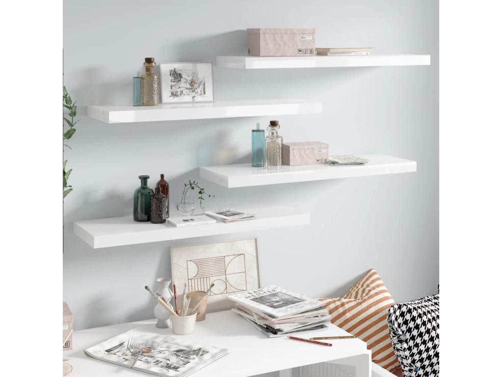 Floating wall shelf, 4 pcs, glossy white, 80x23.5x3.8cm, MDF, MPXN72560
