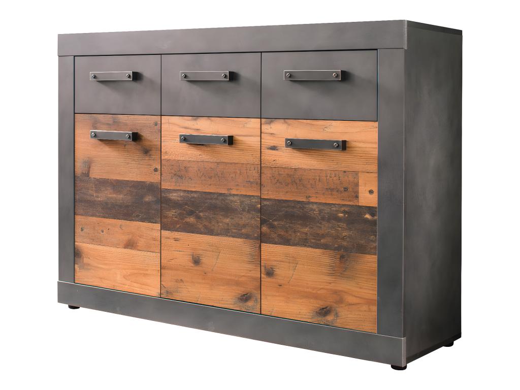 Dormeva 3-Door 3-Drawer Chest of Drawers in Grey Oak Finish with Aged Wood Look. ZZTX18672