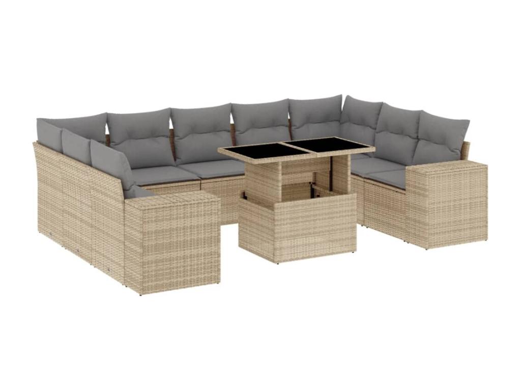10-piece garden furniture set with cushions, beige woven resin, IPUQ81669
