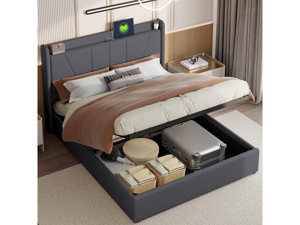 Dormeva 140x200cm Linen Fabric Storage Bed with USB Port - Headboard and Slatted Base - Grey WUPN34227