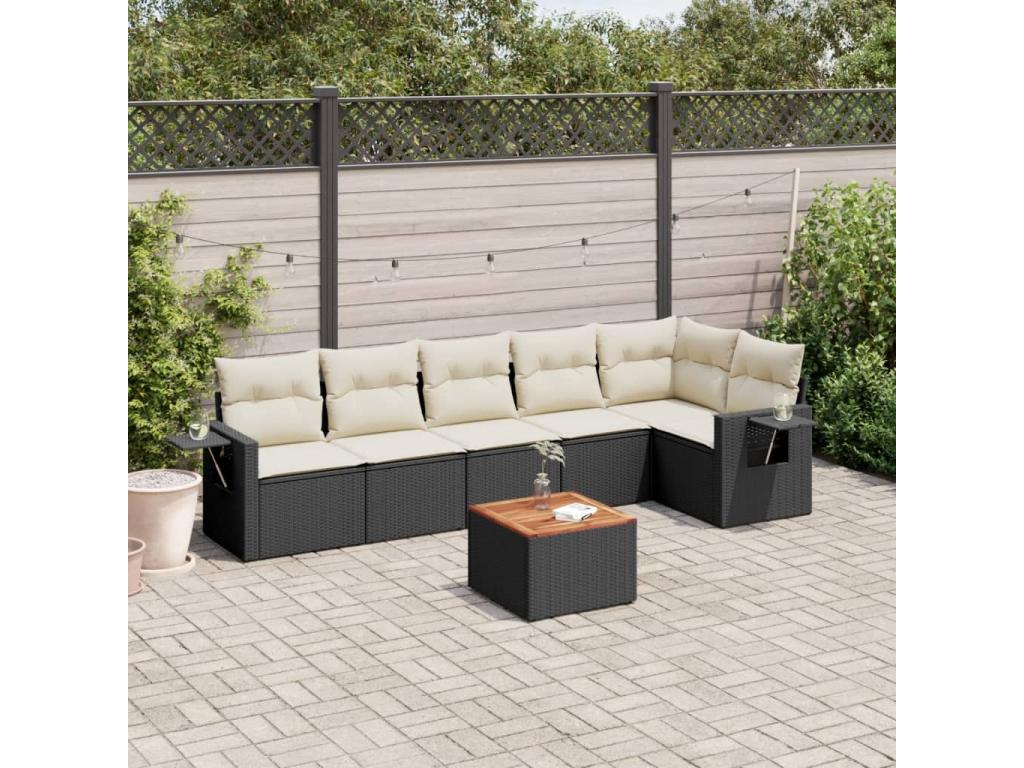 7-piece garden furniture set with cushions, black woven resin GUKU78856