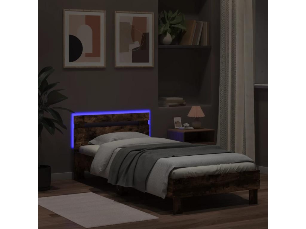 Bed frame, headboard and LED lights, smoked oak, 90x200 cm, TCGS28350