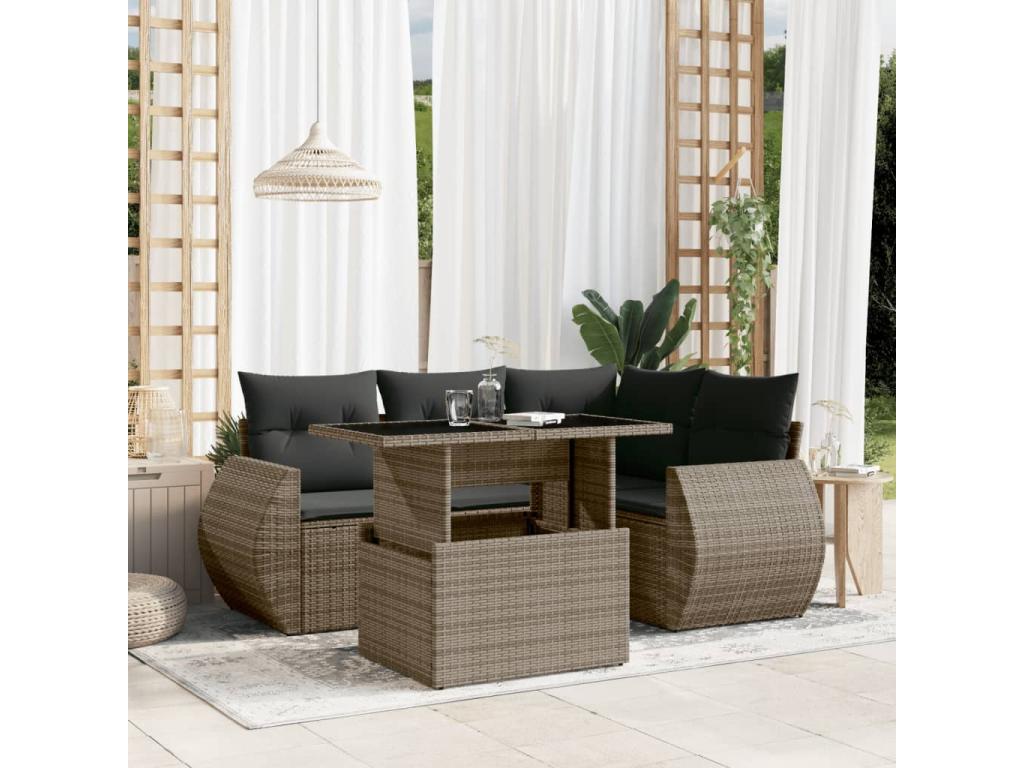 5-piece garden furniture set with grey resin wicker cushions YJMX06974