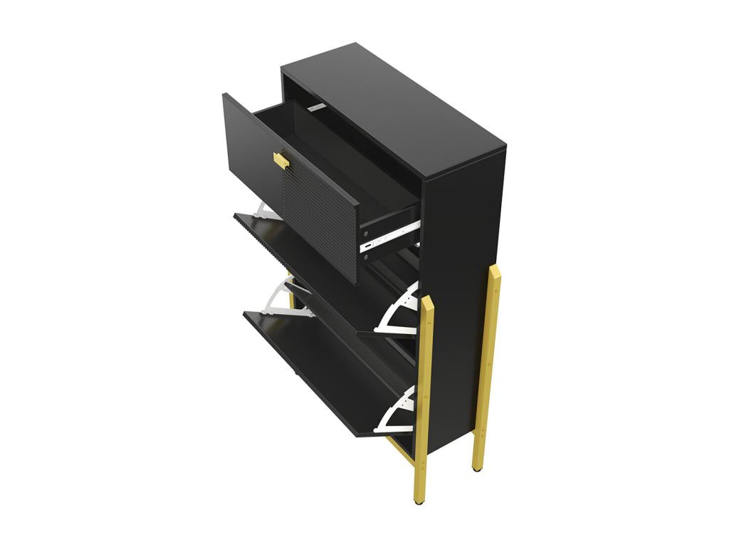 Shoe cabinet with drawers, double shoe shelf with gold handles and feet, 65x25x120.5 cm, Black, DVNQ56760
