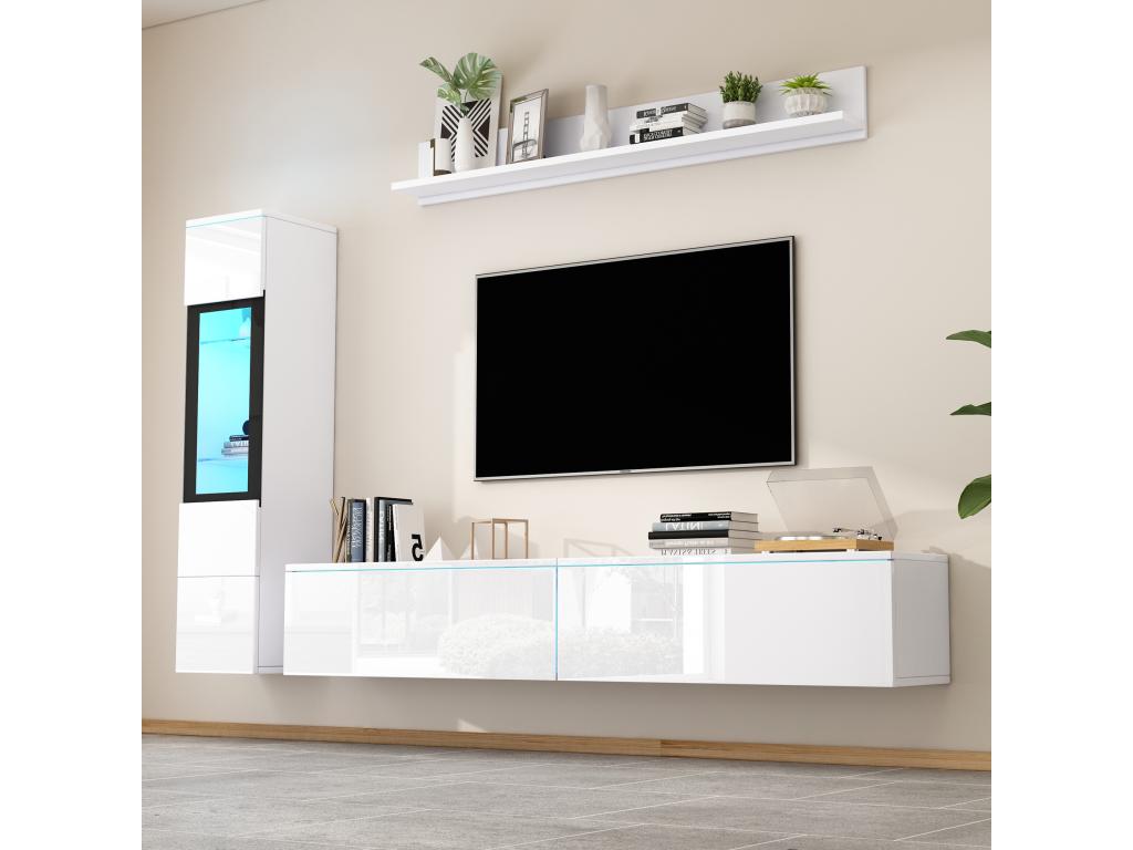 Wall-mounted TV unit with display cabinet - LEDs - Particleboard - Glossy white EPIL15844