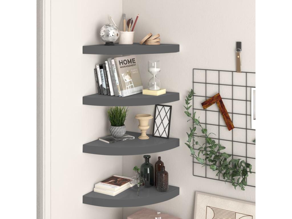 Floating corner shelves, 4 pcs, glossy grey, 35x35x3.8cm, MDF, GSNF04439