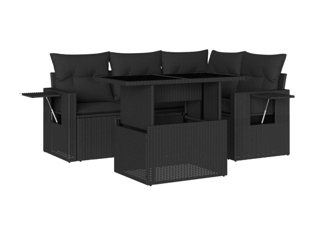 5-piece garden furniture set with cushions, black woven resin GDWZ14306