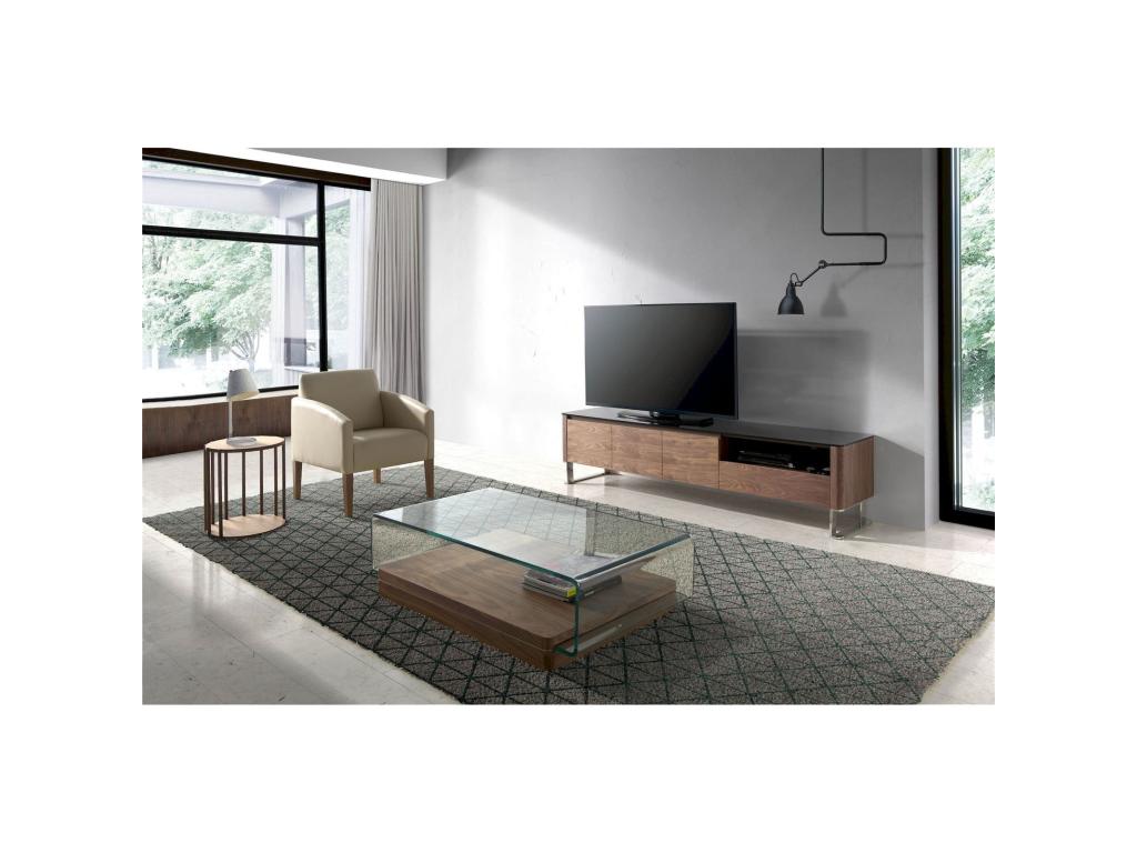 Wooden TV stand with black tempered glass top, 1 drawer and shelves HLUS61362