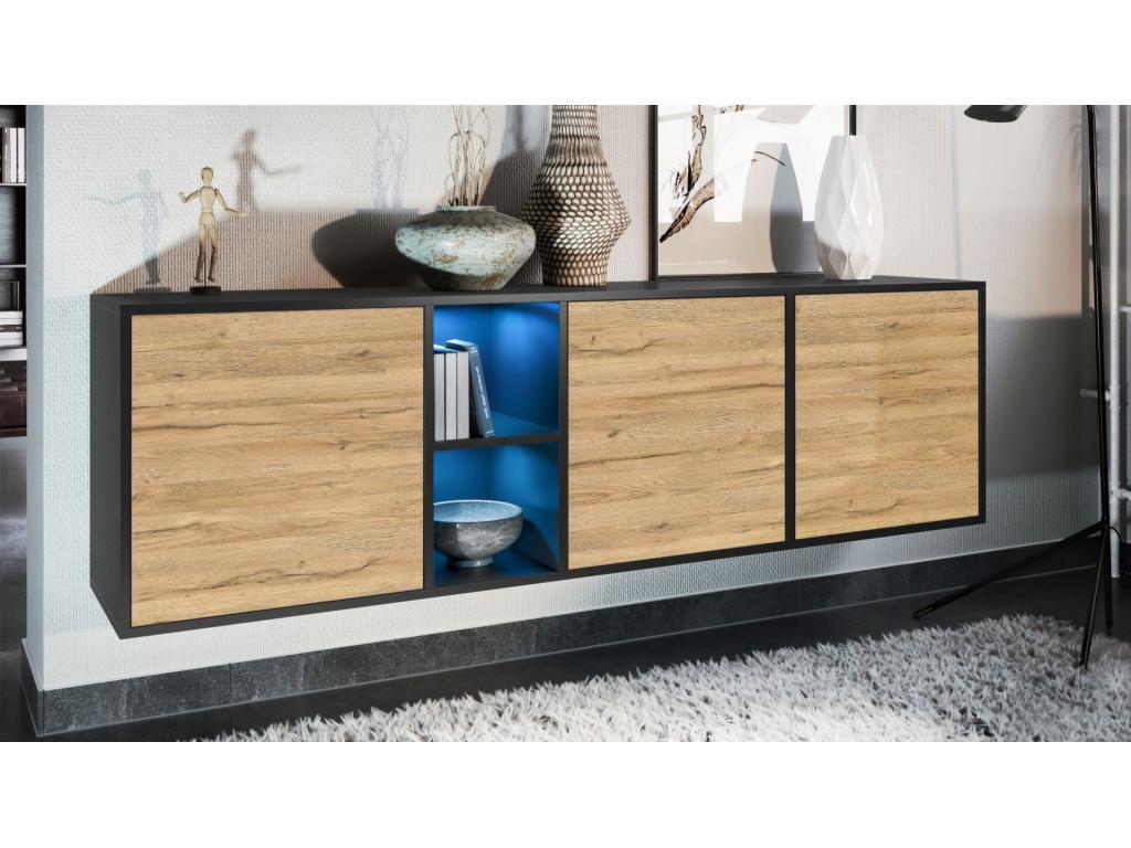 Cabinet Body in Matte Black, Natural Oak Effect Fronts with LED Lighting, 53x182x35 cm, TPHF10521