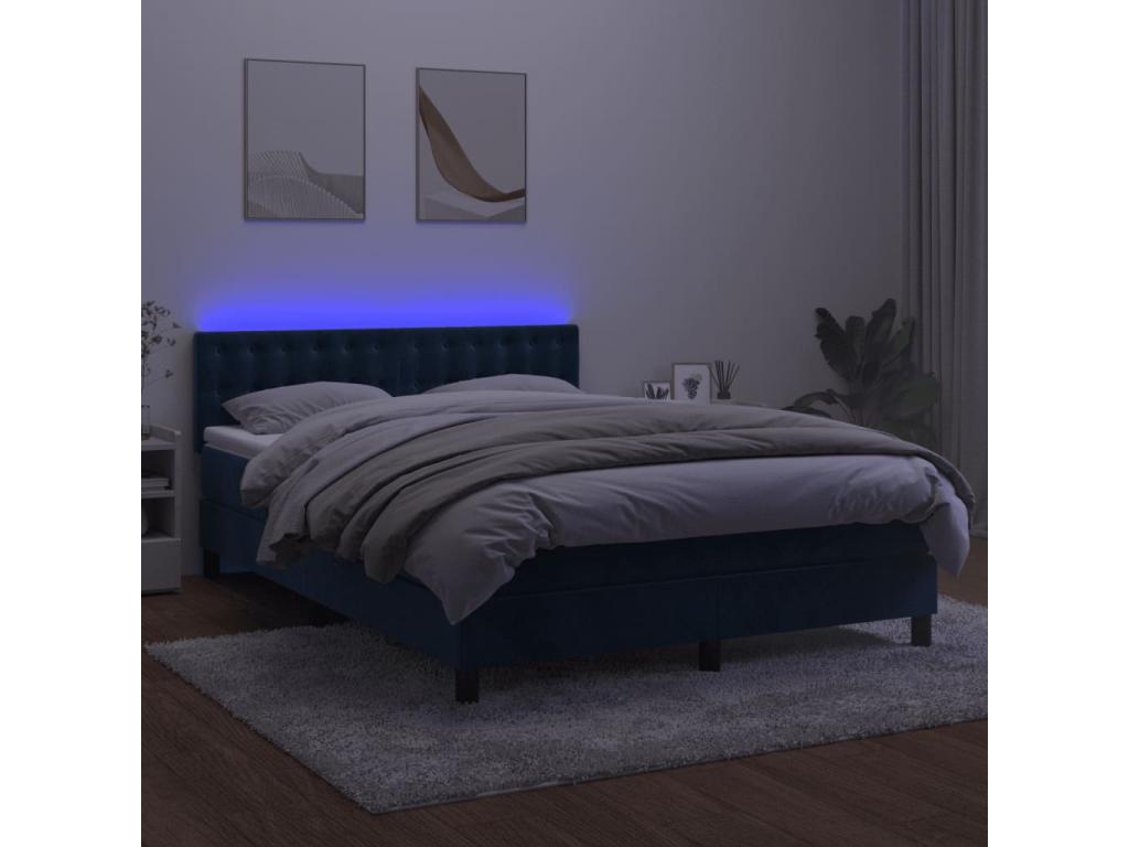 Upholstered bed base with mattress and LED light, dark blue, 140x190 cm, velvet, SOAA74784