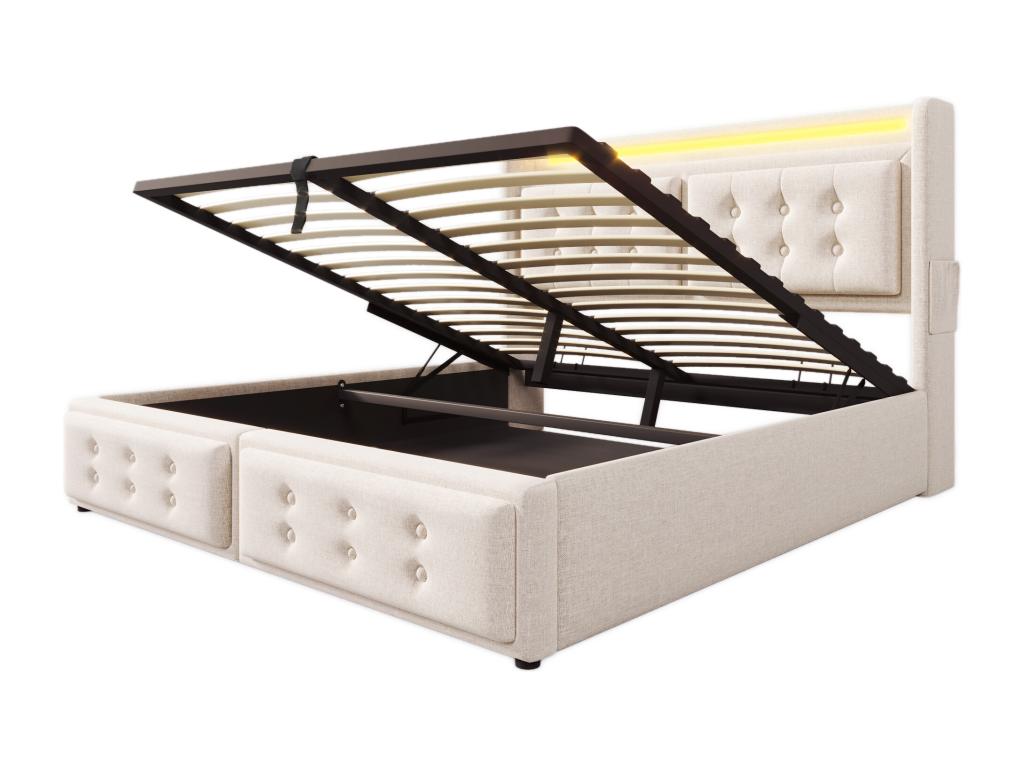 140x200cm Storage Bed in Linen Fabric - with LED and Charging Ports - Beige BEGL37087