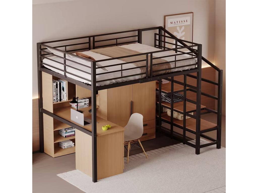 140x200 cm loft bed with large staircase - Metal, plywood, and MDF - Dormeva slatted base - Black VCKQ71071