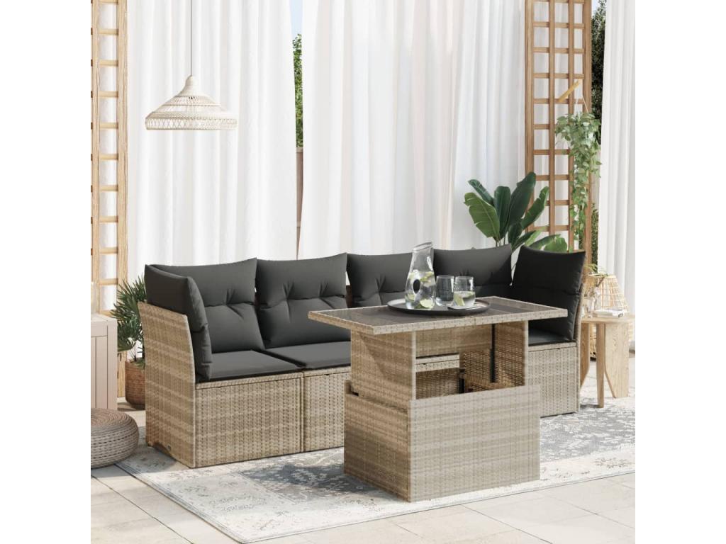 5-piece garden furniture set with light grey cushions, woven resin FIYJ94230