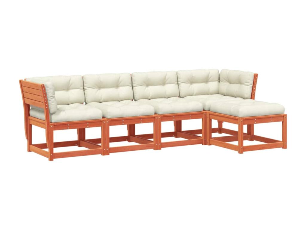 5-piece garden furniture set with cushions, brown wax finish, solid pine wood KWJX79178