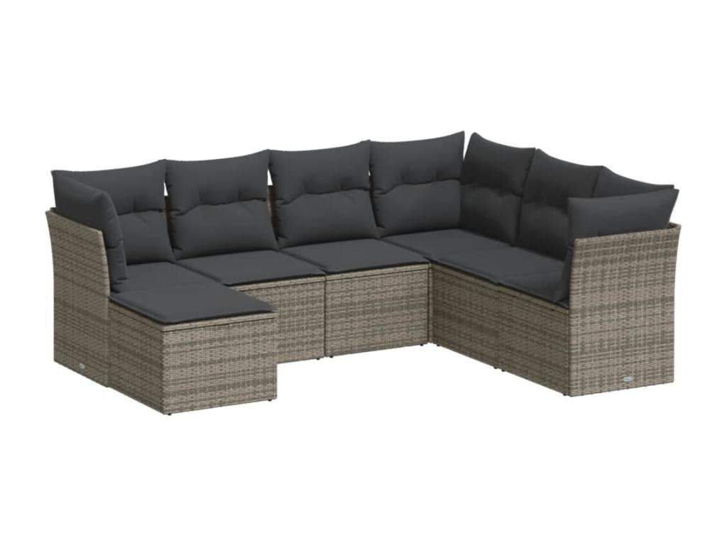 7-piece garden furniture set with cushions, grey woven resin KWMQ11430
