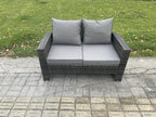 Outdoor garden furniture with square coffee table, two-seater sofa, and two large stools in dark grey (SXFO74762)