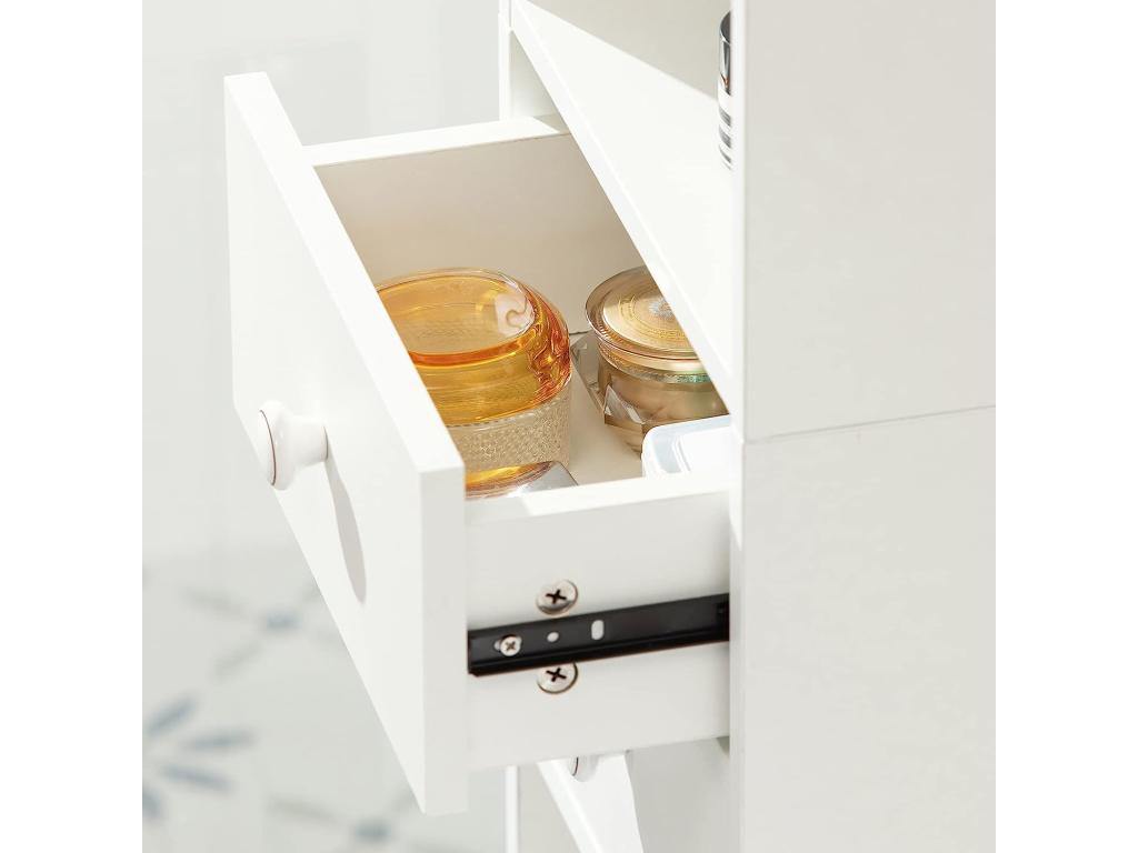 Freestanding Shelf Storage Unit Tall Column Cabinet with 2 Doors and 2 Drawers White Str10-w QUGH30668