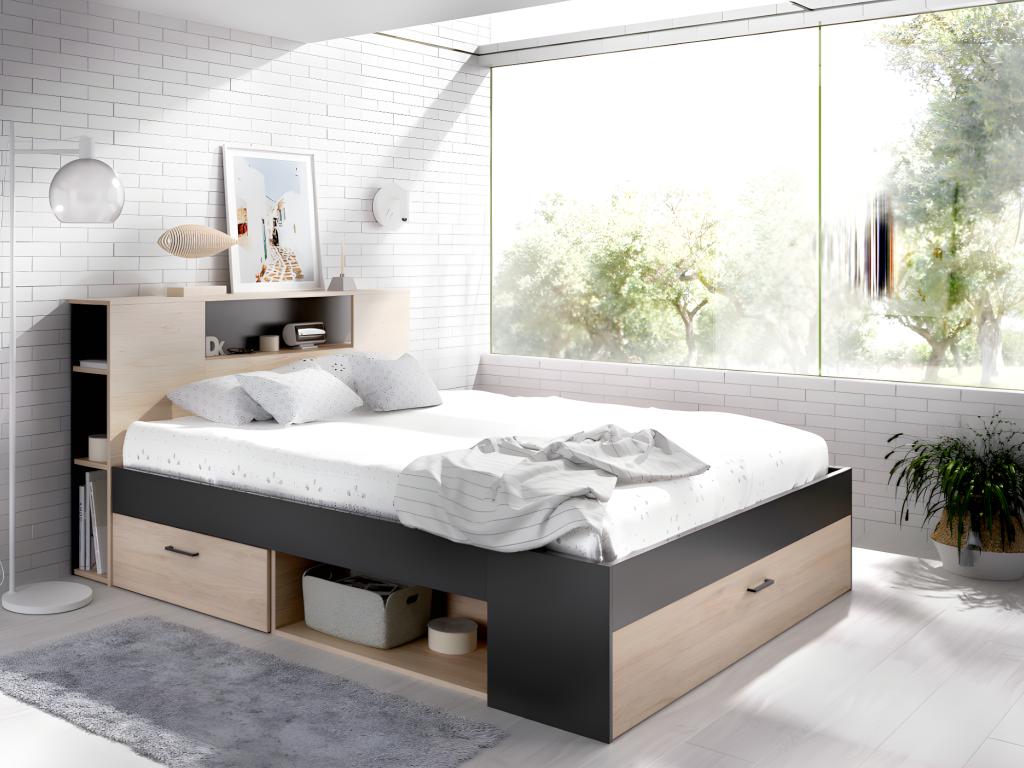 Bed with headboard, storage and drawers - 160x200cm - Natural and anthracite color - Dormeva WWPU64522