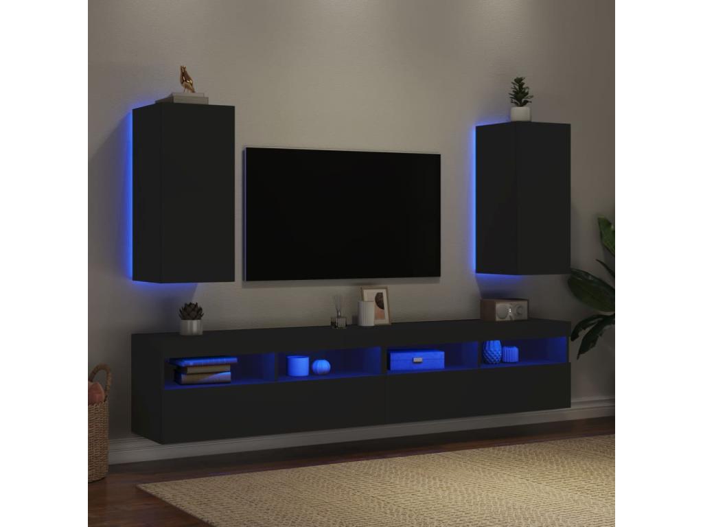 Wall-mounted TV units with LED lights, 2 pieces, black, 30.5x35x70 cm, EKUF07035