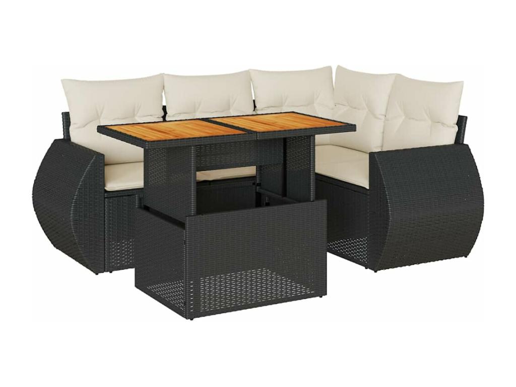 5-piece garden furniture set with cushions, black woven resin AJSF63207