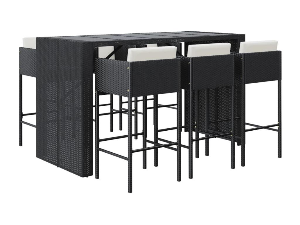 7-piece garden bar set with cushions, black poly rattan QFRB56066