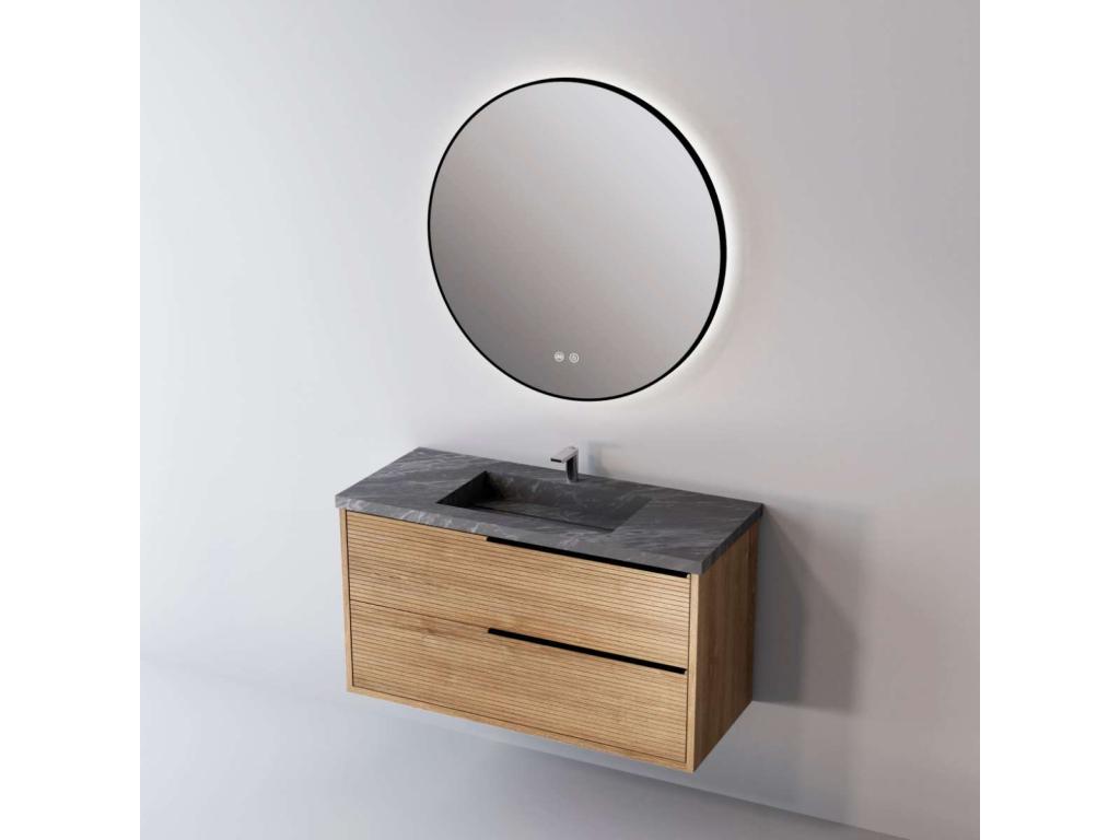 Dormeva Black Porcelain Stoneware Bathroom Vanity Unit with 2 Drawers, Natural Oak Finish, Black Handles, W100 x H54 x D45 cm, 3D Effect, Dormeva UHBZ61558