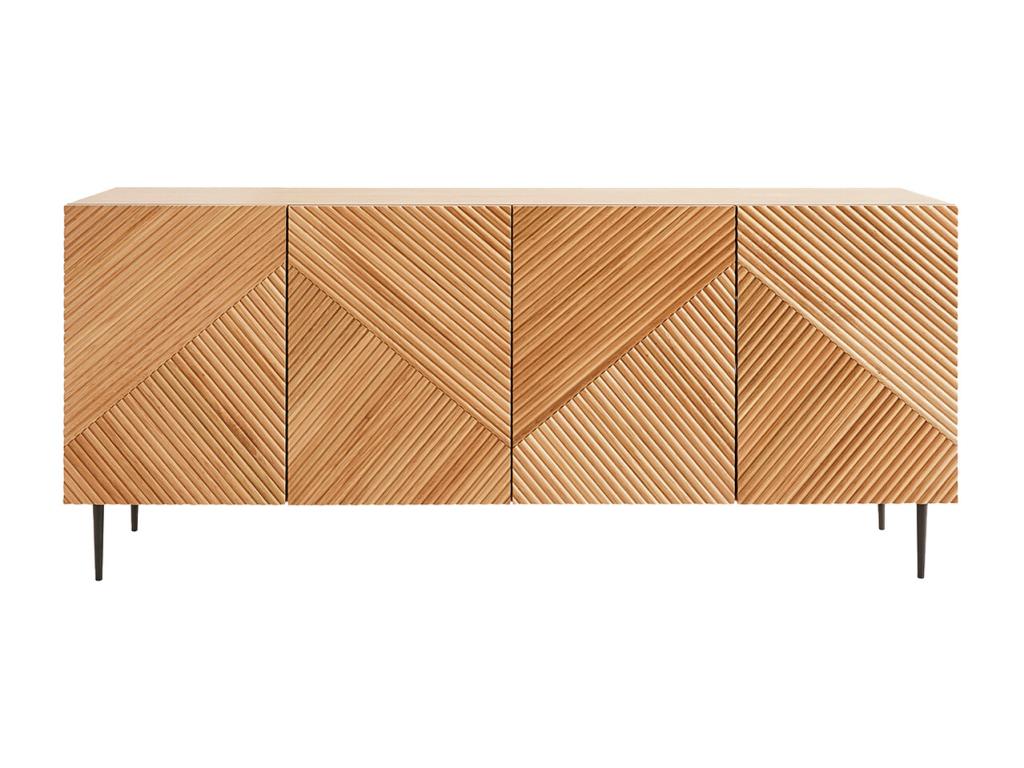 Dormeva UWXC38566 designer sideboard in light wood, solid engraved oak and black metal, 4 doors, L180 cm