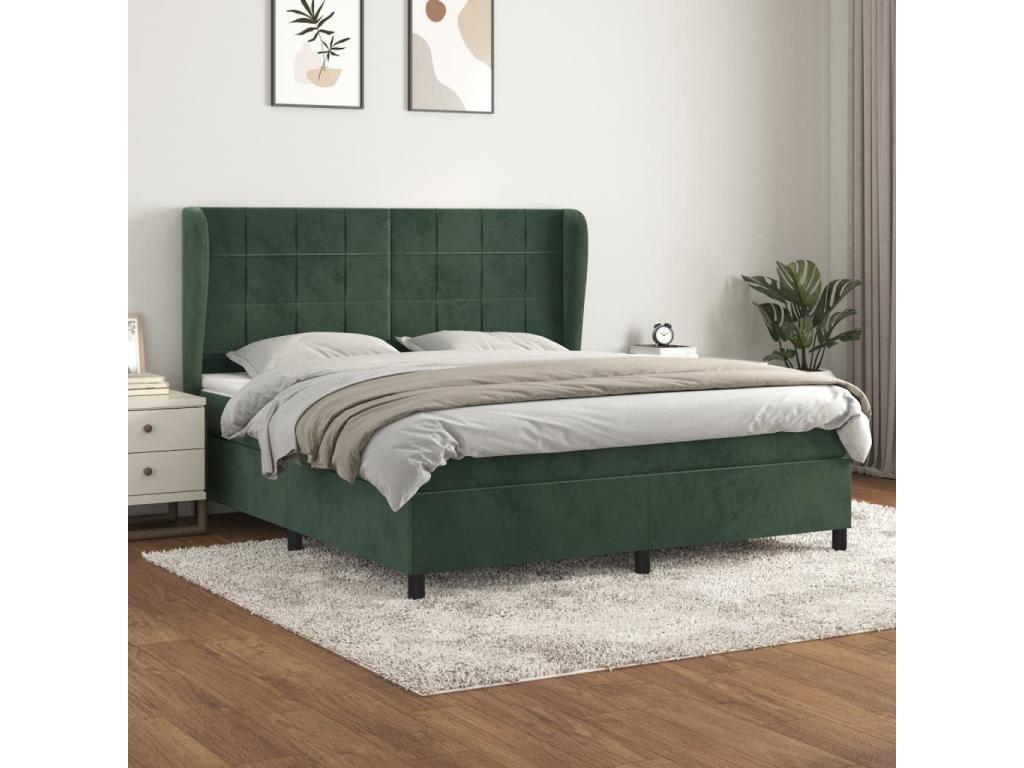 Upholstered bed base and mattress, dark green, 160x200cm, velvet, AQJJ18923