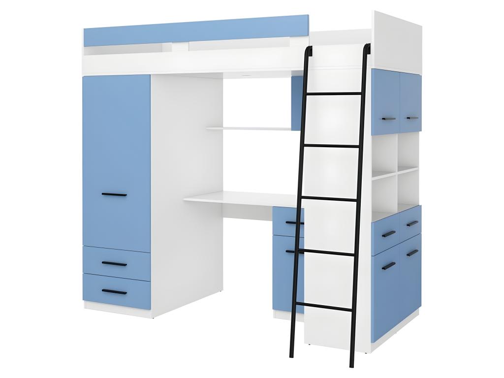 Lysvia P 90x200cm Mezzanine Bed with Ladder, Wardrobe, Desk, Bookshelf and Many Shelves, White/Blue PLGC25188