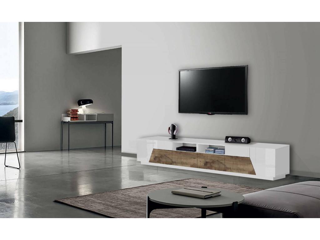Dormeva TV Stand, Low Sideboard with 4 Doors, TV Stand Base, Made in Italy, 260x43x46 cm, Glossy White and Maple, HOGK34505