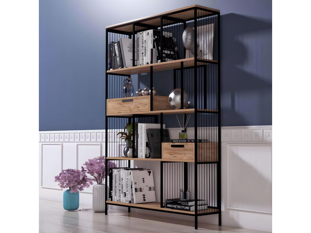Dormeva Industrial Style Bookshelf L120cm Light Wood and Black Metal QPFL95028