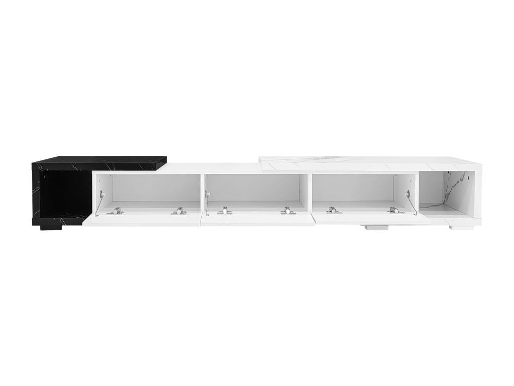 Adjustable length TV unit 140-179.5 cm - 3 drop-down doors - marble effect - White / Black LDAK13684
