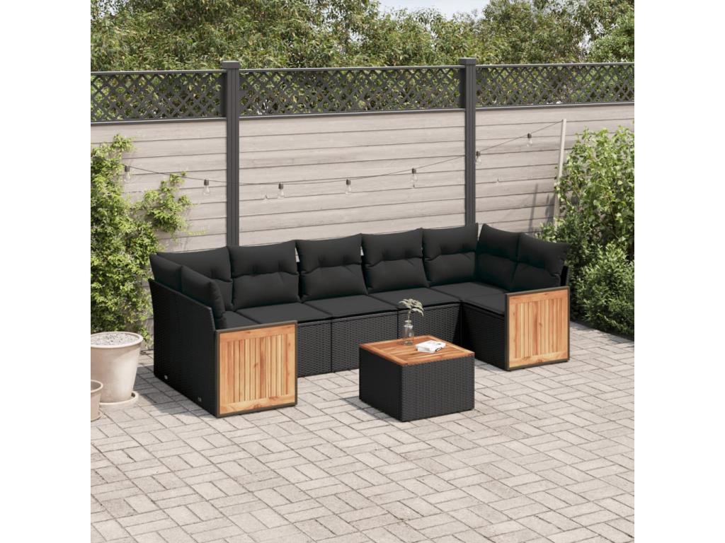 8-piece garden furniture set with cushions, black woven resin HFYB81143