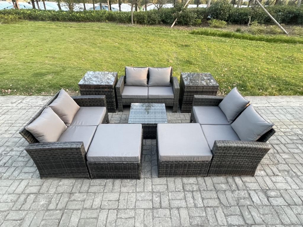 Outdoor garden furniture with square coffee table, two-seater sofa, and two large stools in dark grey (SXFO74762)