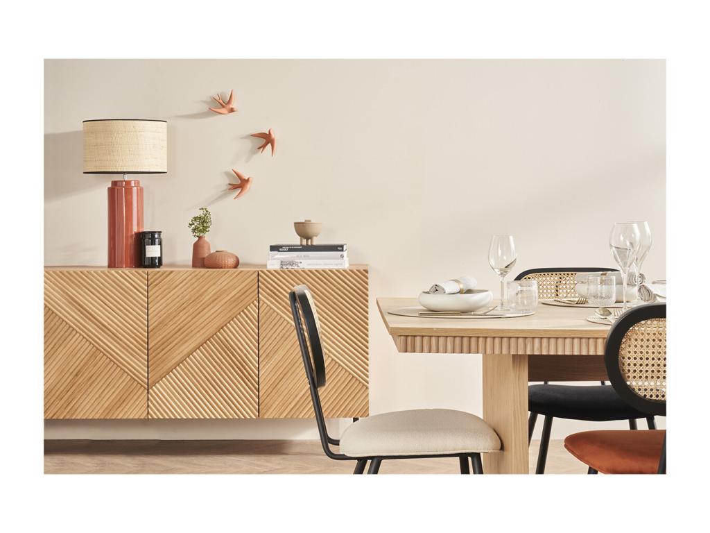 Dormeva UWXC38566 designer sideboard in light wood, solid engraved oak and black metal, 4 doors, L180 cm