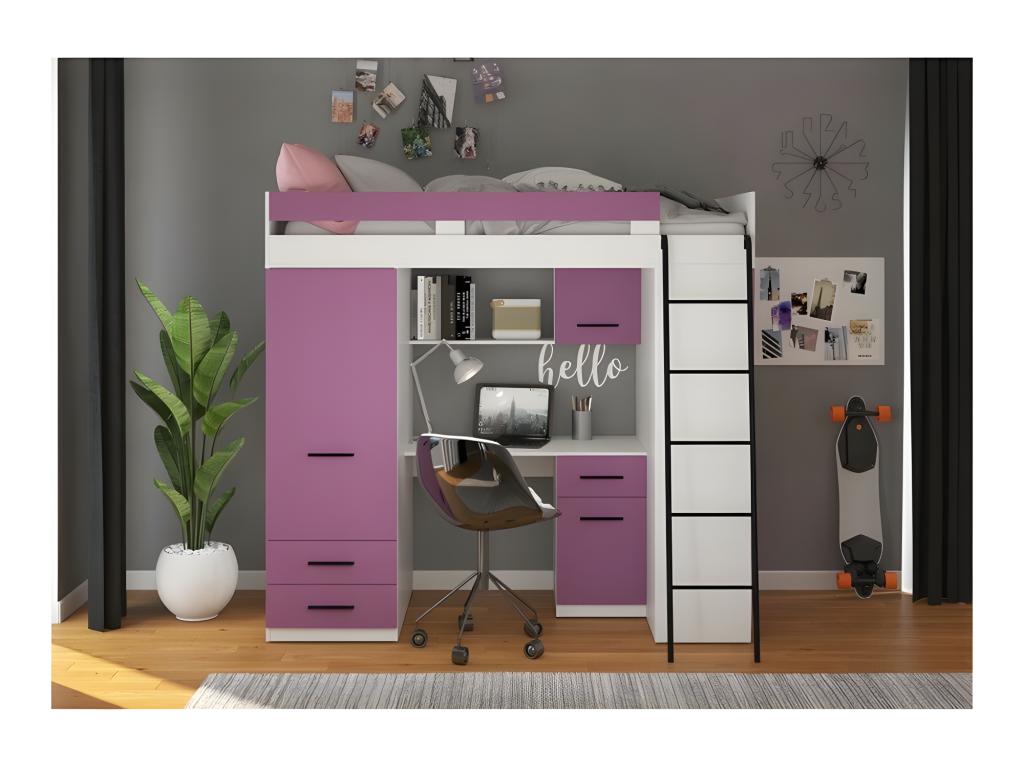 Zensova P 90x200cm Mezzanine Bed with Ladder, Wardrobe, Desk, Bookshelf and Multiple Shelves, White/Lavender OXAD50493
