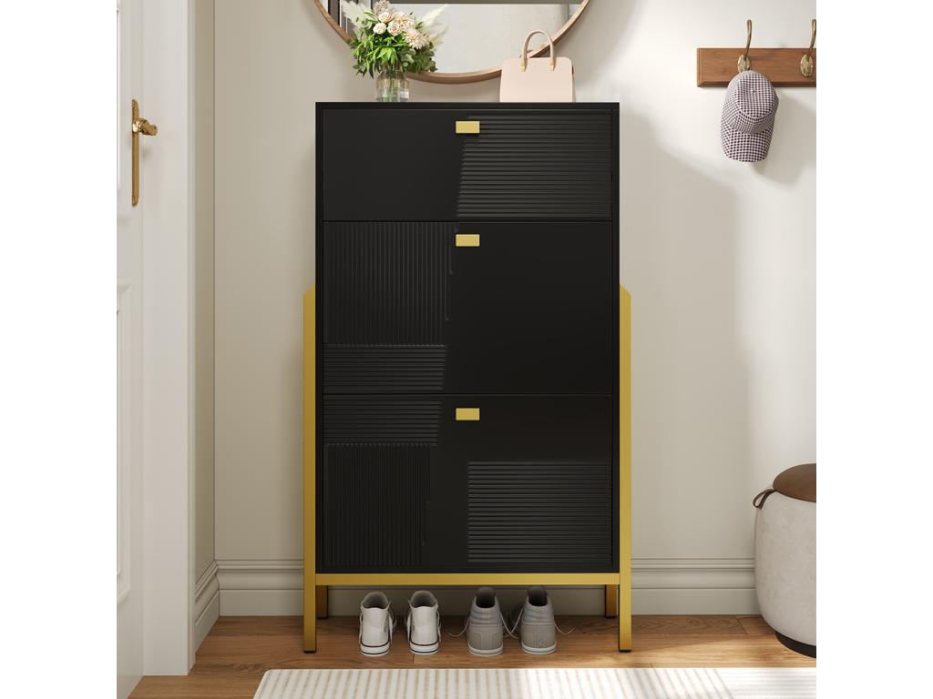 Shoe cabinet with drawers, double shoe shelf with gold handles and feet, 65x25x120.5 cm, Black, DVNQ56760