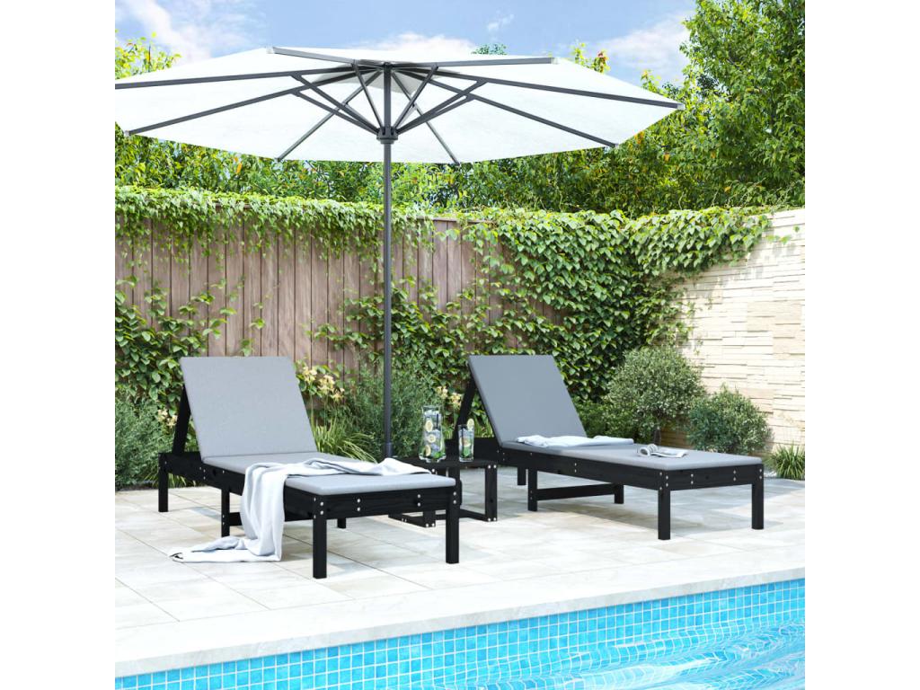 Set of 2 sun loungers with black solid pine wood table YKKE85324