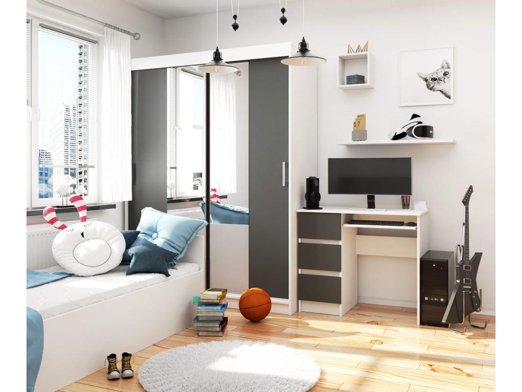 Dormeva Left-Handed A6 White Computer Desk 90cm with 3 Drawers, Graphite Grey Front, and 1 Shelf 90x50x77cm MMAR70592