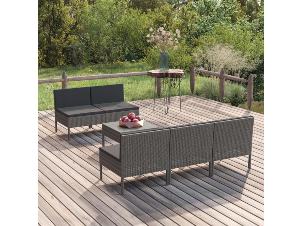 6-piece garden furniture set with cushions, grey woven resin QDJU24374