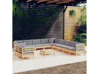 12-piece garden furniture set with grey cushions, solid pine wood KHJI37476