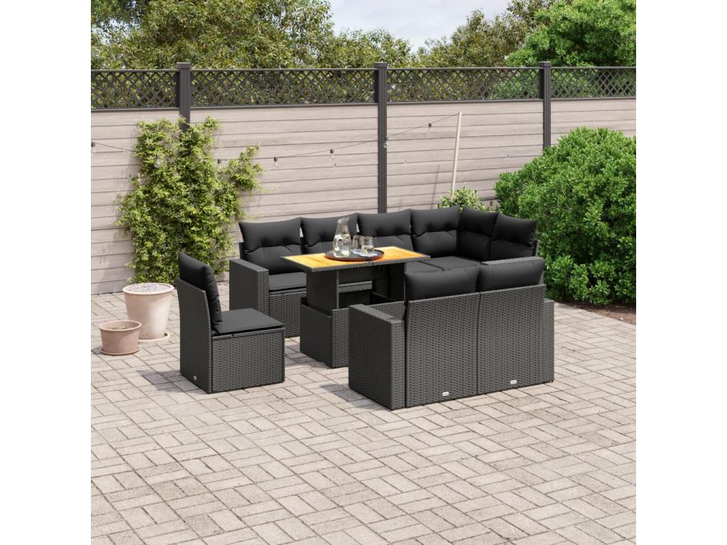 9-piece garden furniture set with cushions, black resin wicker XWSS07978