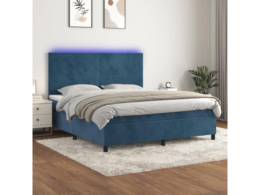 Upholstered bed base with mattress and LED light, dark blue, 180x200 cm, velvet, CQGQ34763