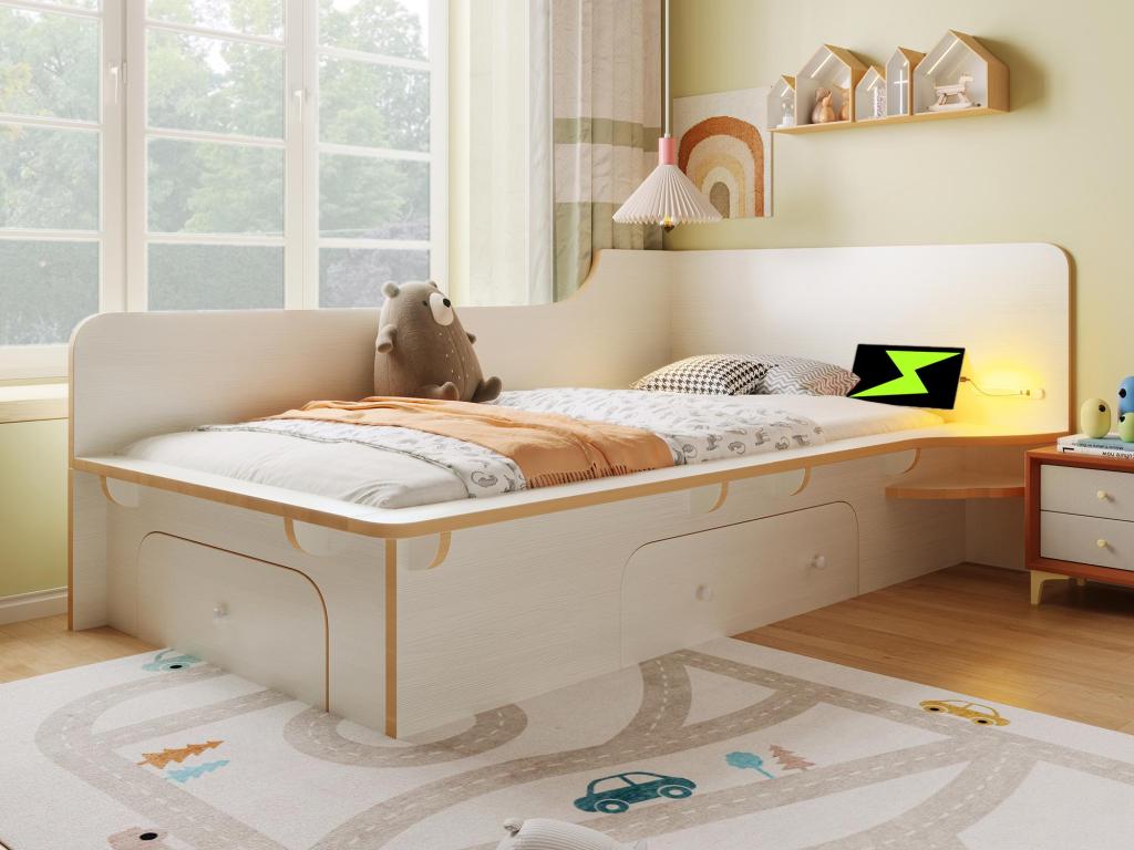 Children's bed 90x200cm in wood - with adjustable reading light, charging ports and 3 drawers - White BCXQ73328