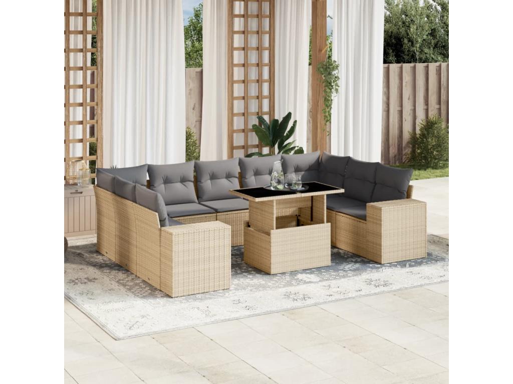10-piece garden furniture set with cushions, beige woven resin, IPUQ81669