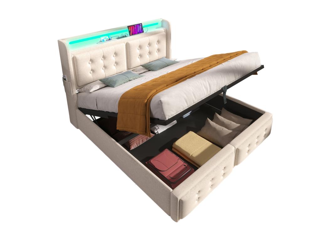140x200cm Storage Bed in Linen Fabric - with LED and Charging Ports - Beige BEGL37087