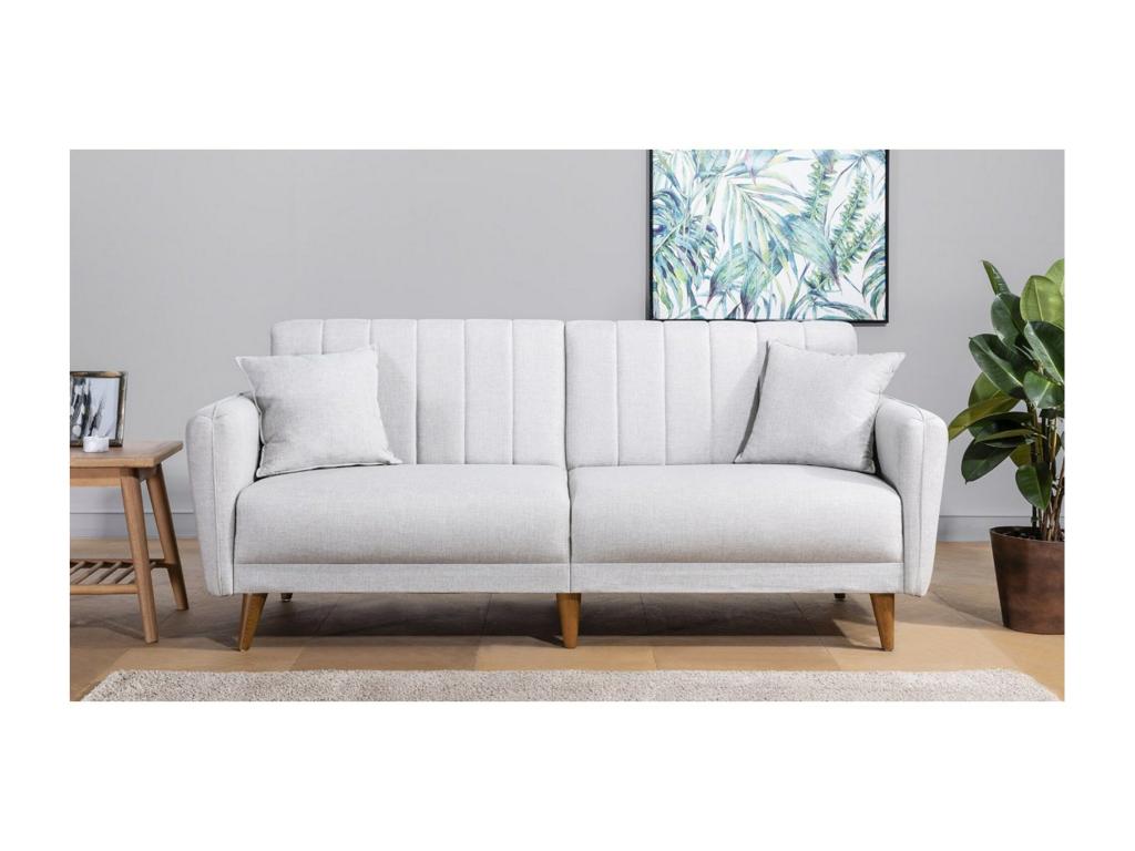 Dormeva 3-seater sofa bed in cream linen fabric with natural wood legs, 210cm UWXC79351