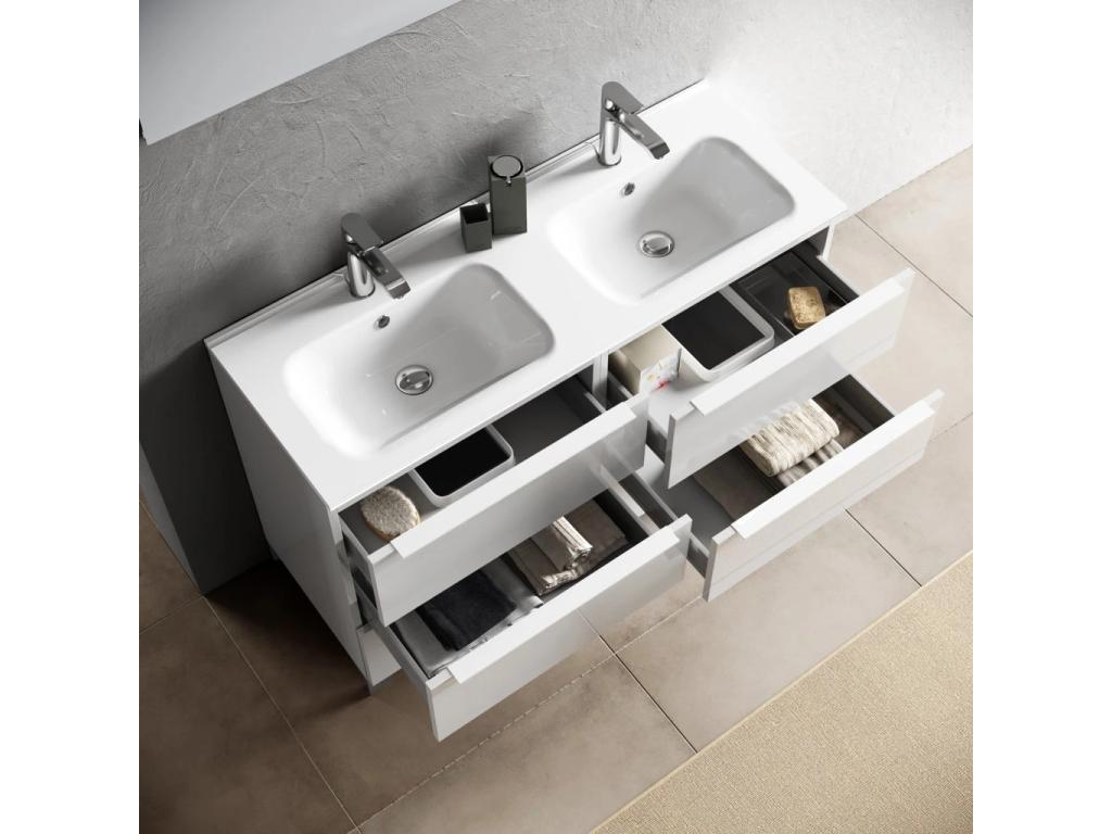 Dormeva 6-drawer bathroom vanity unit in glossy white lacquer and mirror, 120cm wide, AIVD28085