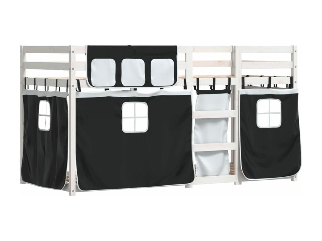 Bunk bed with black and white curtains, 80x200 cm, solid pine wood, FJQM99946